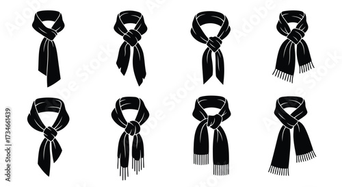 Vector illustration of collection of eight black silhouette icons of different scarf tying styles, isolated on a