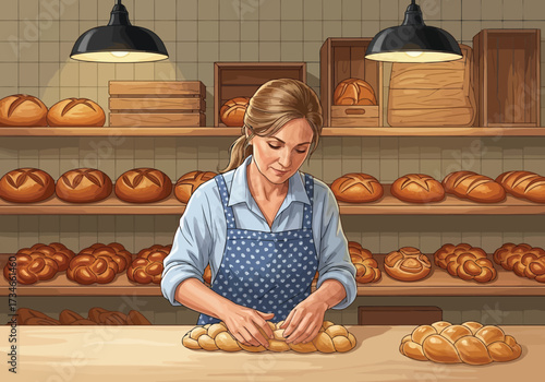 Vector illustration of female baker in a blue polka dot apron kneading dough in a bakery filled with various types of bread on shelves