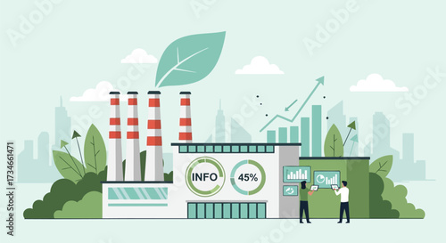 Vector illustration of illustration of a modern ecofriendly factory with smokestacks emitting a green leaf, symbolizing sustainability and growth in industry