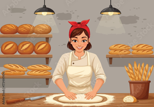 Vector illustration of a smiling female baker with a red bandana, wearing an apron, kneading dough on a flourdusted counter in a cozy bakery setting