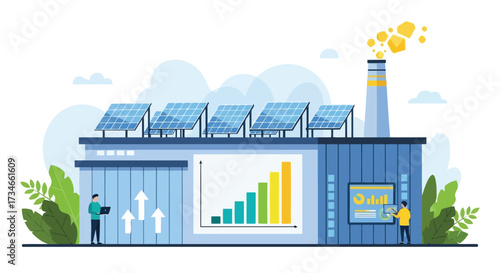 Vector illustration of modern factory with solar panels on roof and growth chart on screen, representing renewable energy and business development