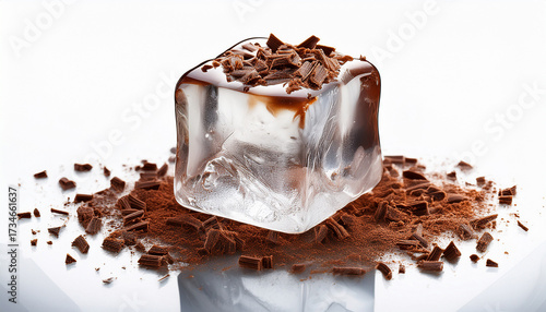 Ice Cube Garnished With Chocolate Shavings Isolated