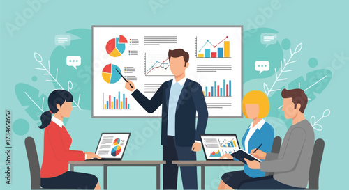 Vector illustration of business meeting with a presenter showing charts and graphs on a screen to colleagues using laptops, symbolizing teamwork and strategy