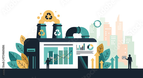 Vector illustration of ecofriendly factory with recycling symbols and growing charts, representing sustainable industry and urban development