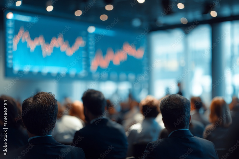 Obraz premium Professional speaker presenting data and insights to engaged audience in modern conference room with digital screens showcasing analytics and trends