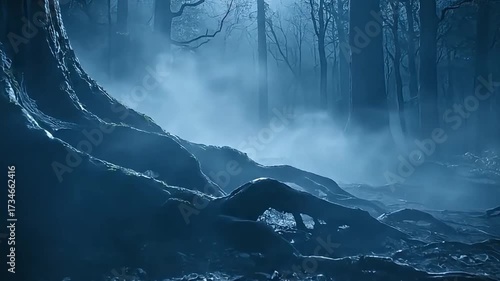 Mysterious misty forest floor with gnarled roots and ethereal blue light.