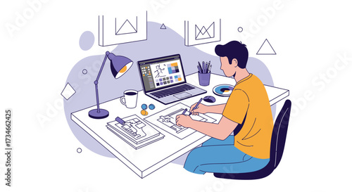 A creative designer working at his desk with a laptop and drawing materials at home or in the office