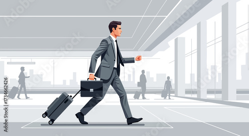 A businessman with a suitcase walking through an airport terminal illustration of professionalism