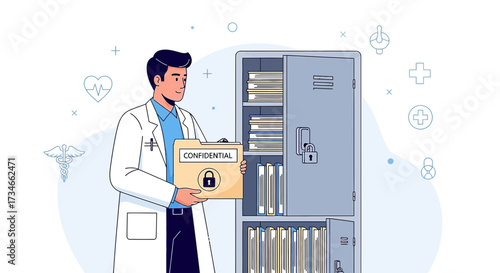A doctor securing confidential medical records in a locked cabinet for data protection and privacy
