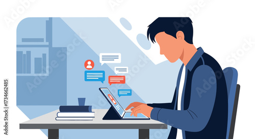 A man communicates online using a tablet for remote work and online learning from home