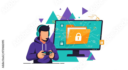 A gamer with a headset plays video games on a computer with secure data privacy features showcased