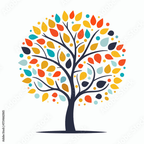 Vibrant and colorful tree illustration for environmental concepts, positive growth, family tree projects, or educational designs full of bright, cheerful energy