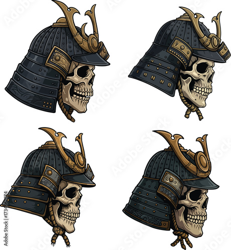 Samurai warrior skull profile wearing kabuto helmet with Japanese wave patterns, strong cultural vector artwork