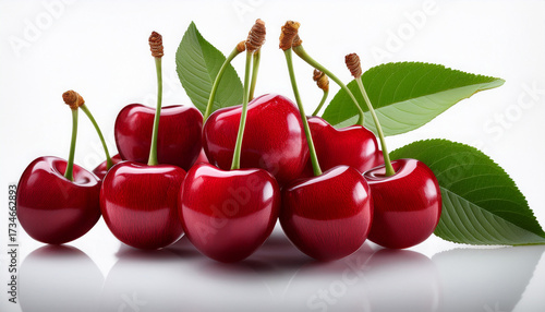 Vibrant Red Cherries With Green Leaves On A Clean White Background