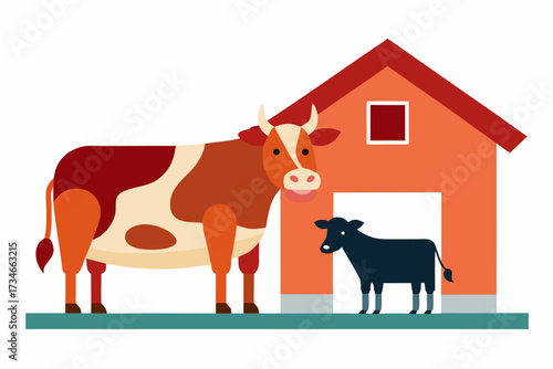 A domestic cow with calf in a barn