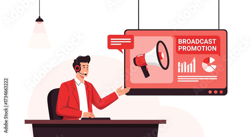 Broadcasting promotion presentation by a man using a headset for online communication and