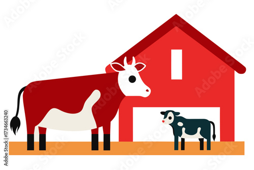 A domestic cow with calf in a barn