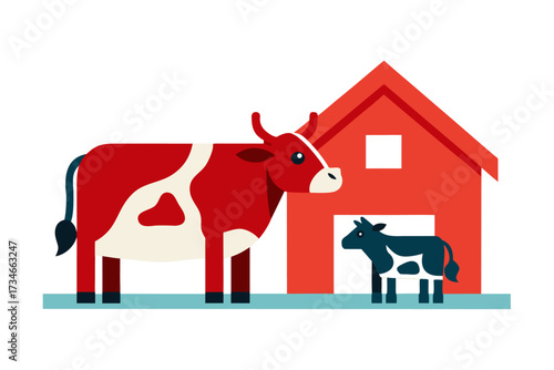 A domestic cow with calf in a barn