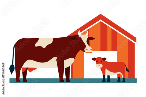 A domestic cow with calf in a barn