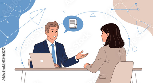 Business meeting illustration depicting deal negotiation and contract approval between two
