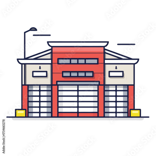 Stylized fire station building with overhead doors and street light, perfect for urban planning, community safety, and emergency services concepts and designs
