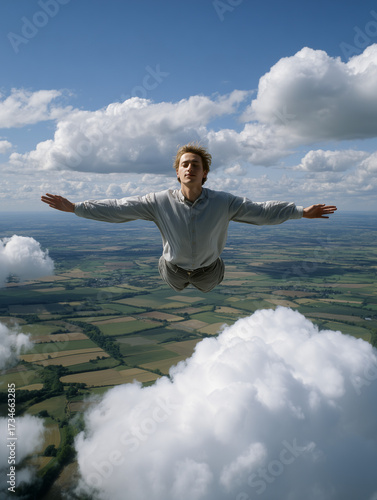 Young man flying through clouds with arms outstretched