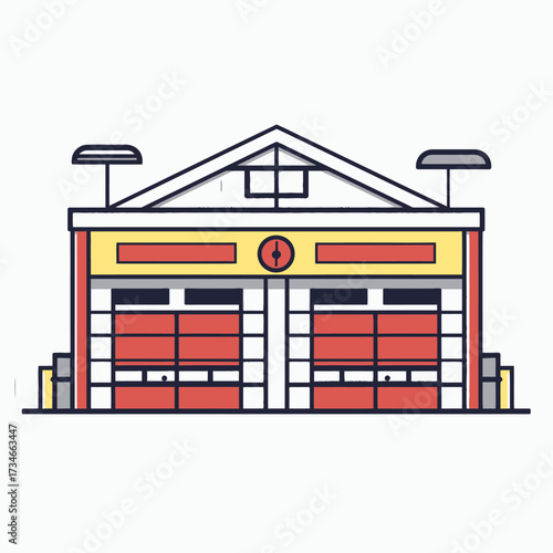 Bold and modern vector of a classic fire station, perfect for city planning illustrations, emergency service materials, or community event promotions with a retro flair