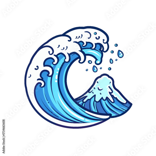 Dynamic blue ocean wave with cresting foam and water droplets, a vibrant cartoon illustration of powerful sea energy ideal for travel and adventure concepts