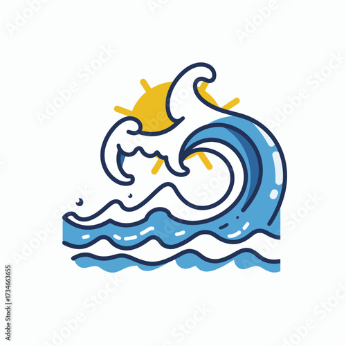 Vibrant ocean wave cresting under a sunny sky, perfect for summer promotions, beach travel ads, and coastal lifestyle branding with a touch of playful illustration