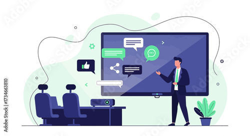 Business presentation with interactive display and engagement interface illustration