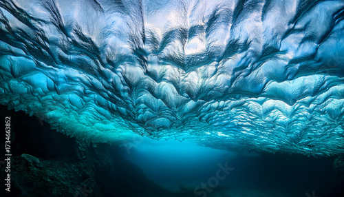 Underwater Ice Cave Clear Cool Water Textured Ice On Cave Walls And Ceiling