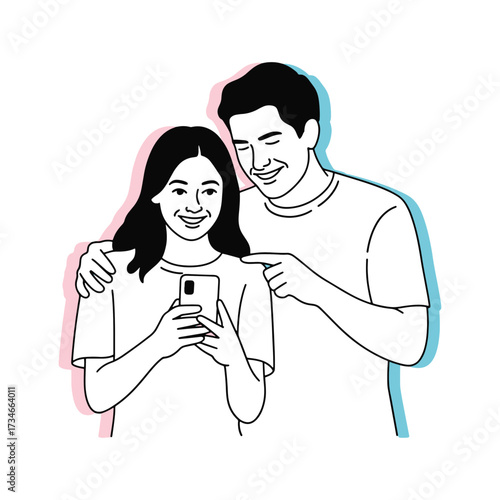 Young couple sharing mobile phone screen together with joyful expressions
