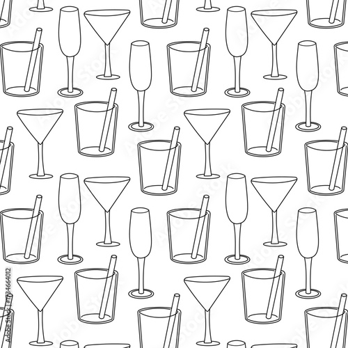 Seamless vector pattern of drinkware with martini glasses, tumblers, and champagne flutes. Perfect for bar menus, cafe decor, restaurant branding, and party designs.