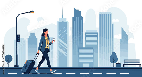 Businesswoman with Luggage Walking in Cityscape, representing travel and career mobility