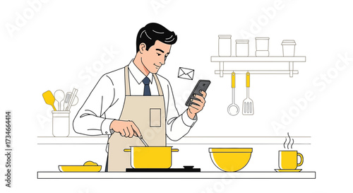 Busy professional multitasking: cooking while checking phone in a modern kitchen setting