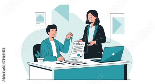 Cartoon Illustration Depicting Home Purchase Agreement with Key Exchange and Contract Signing