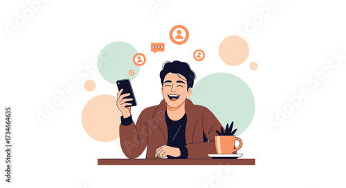 Cheerful man interacting with social media on his phone at a table with coffee
