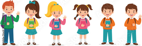 Group of happy school children with backpacks and books, standing together, smiling kids, education learning concept, classroom student illustration