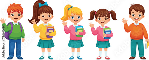 Group of happy school children standing together with books and backpacks, smiling students, education concept, classroom learning, childhood friends illustration