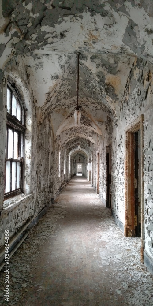 Fototapeta premium Empty, decaying hallway with arched ceiling