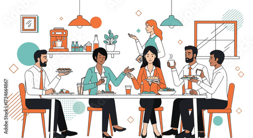 Corporate lunch break business team enjoying meal and conversation in modern cafe setting