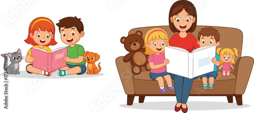 Happy children reading books with mother, family story time, kids learning, cat, dog, teddy bear, education, preschool activity, fun