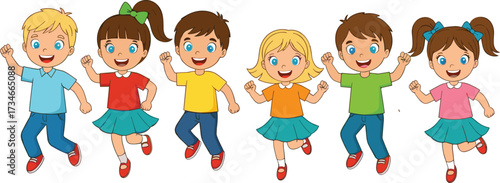 Happy children running together, group of kids playing outdoors, friendship fun, smiling boys and girls activity, teamwork joy, childhood lifestyle illustration