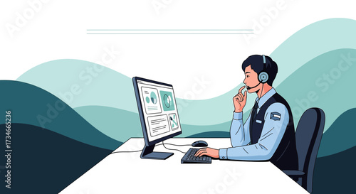Customer service representative working at the computer illustration style on background waves