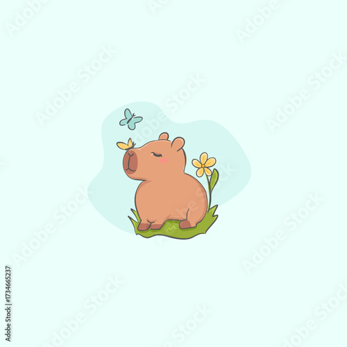 Capybara with flying butterflies kawaii illustration