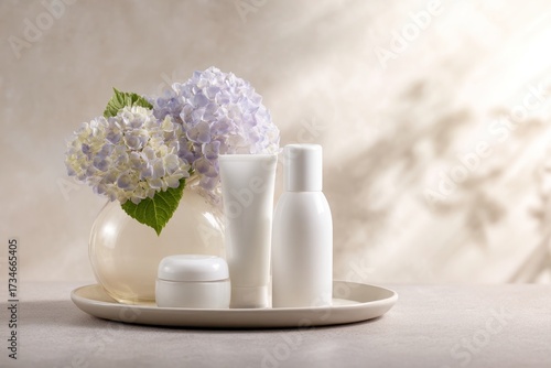 Unbranded White Cosmetic Bottles with Hydrangea Flowers