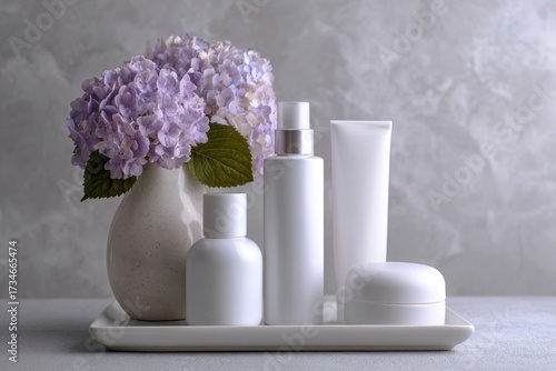 Unbranded White Cosmetic Bottles with Hydrangea Flowers