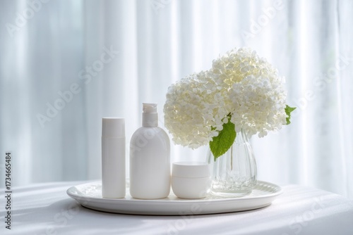 Blank Label Skincare Packaging and Hydrangea for Branding Presentation