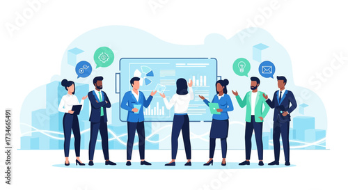 Diverse business team presenting financial data analysis and strategy development in a modern
