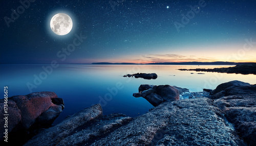 Serene Nightscape Crescent Moon Starlit Sky Over A Rocky Shore And Calm Waters